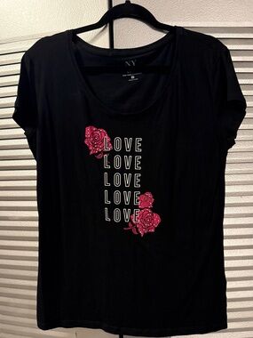 New York & Company Black Short-Sleeve Tee with Pink Rose LOVE Graphic